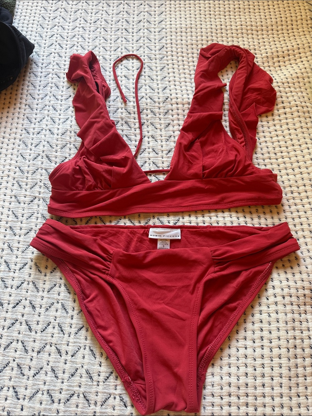 Robin Piccone Red Ruffle Strap Bikini Set